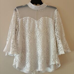 Eve & Maddie White Lace Blouse Women’s Large Bell Sleeve Sheer Bridal Top